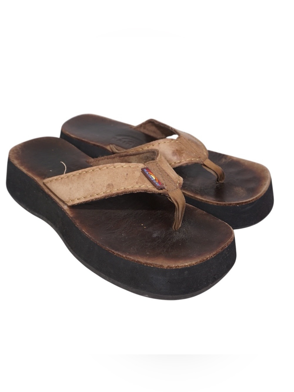 Rainbow Leather Wedge Platform Flip Flops Brown Size M (6.5-7.5)